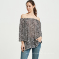 women brown leopard print recycled chiffon blouse on shoulder and off-shoulder neck top with slit sleeves